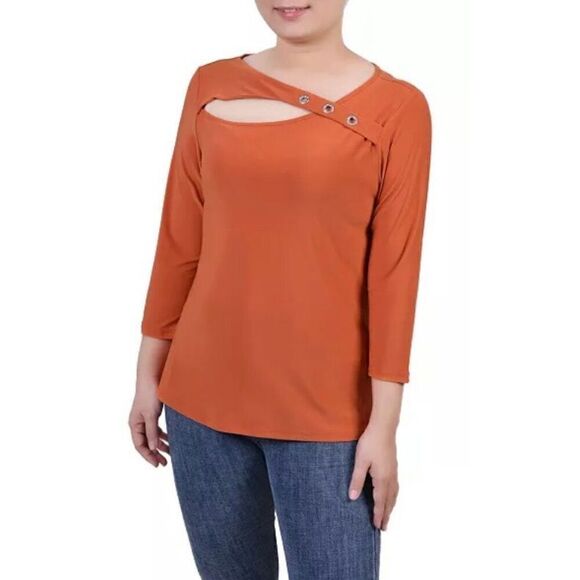 NY COLLECTION - 🎉2XHP🎉 NWT - L Sz L Petite 3/4 Sleeve Cutout Top/“Spice Route” - Picture 2 of 14